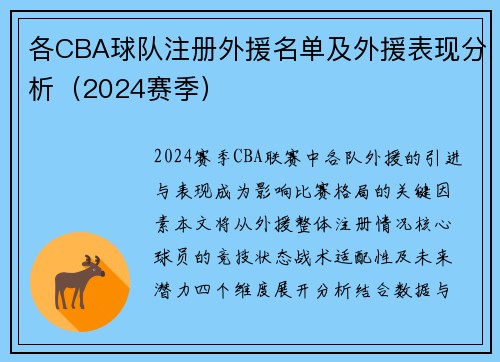 各CBA球队注册外援名单及外援表现分析（2024赛季）