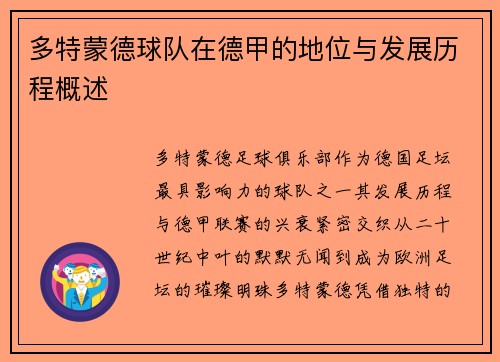 多特蒙德球队在德甲的地位与发展历程概述